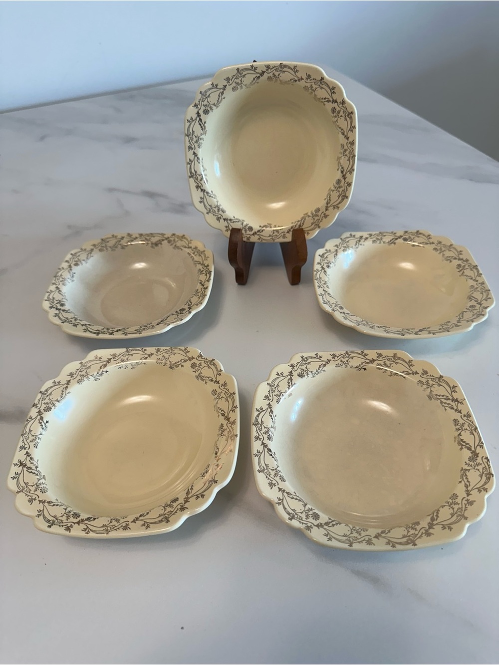 Vintage Homer Laughlin Cream Floral Border Porcelain Dessert Bowls - Set of 5
